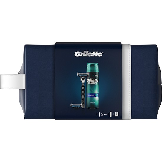Набор Gillette Mach3  станок с 2 касс.+ гель  д/бр 200 ml + косметичка неопрен  220х100х130