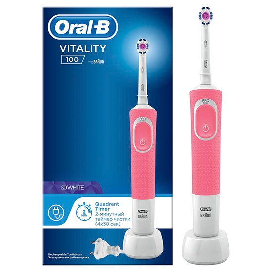 Oral-B электрическая зубная щетка Vitality 100 3D White Pink c аккумулятором и адаптером 220V