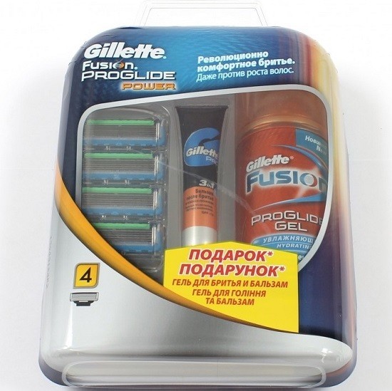Gillette Fusion ProGlide Power сменные кассеты (4 шт) + гель д\бр 75 мл + бальзам п\бр 9 мл, промо-