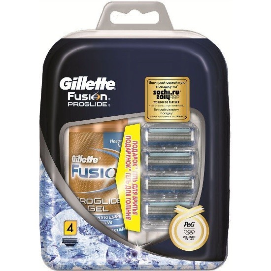 Gillette Fusion ProGlide сменные кассеты (4 шт) + гель д/бритья 75 мл, промо-набор