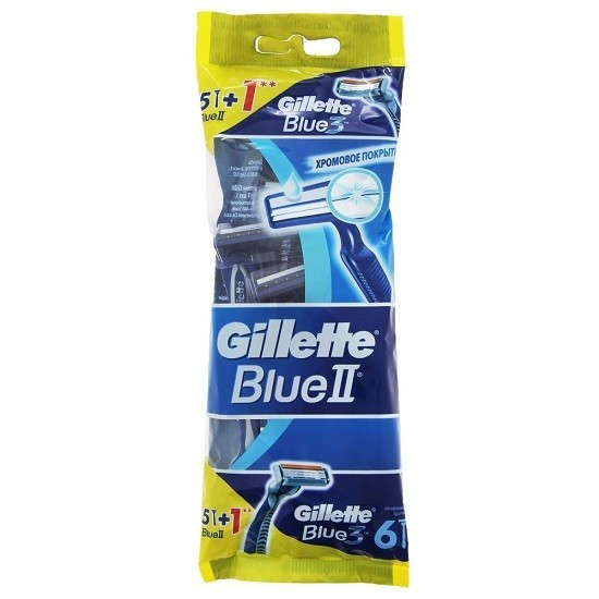 Станок одноразовый Gillette с 2 лезвиями Blue2, 5 штук + станок Gillette с 3 лезвиями Blue3, 1 штука