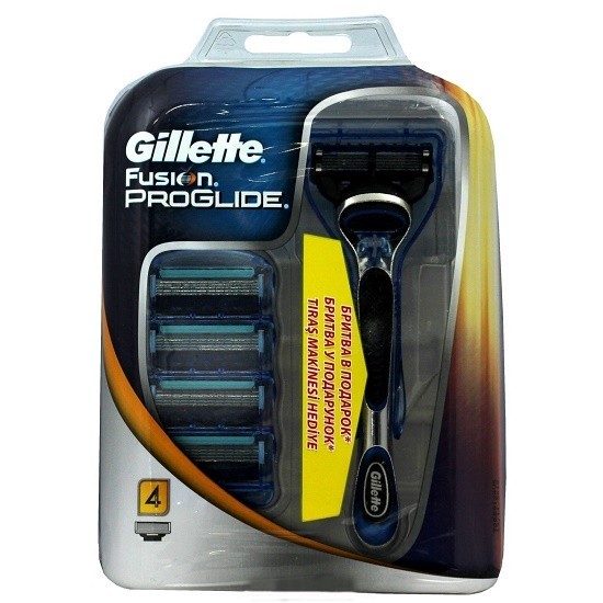 Gillette Fusion ProGlide сменные кассеты (4 шт) + станок д/бр с еще 1 кассетой, промо-набор